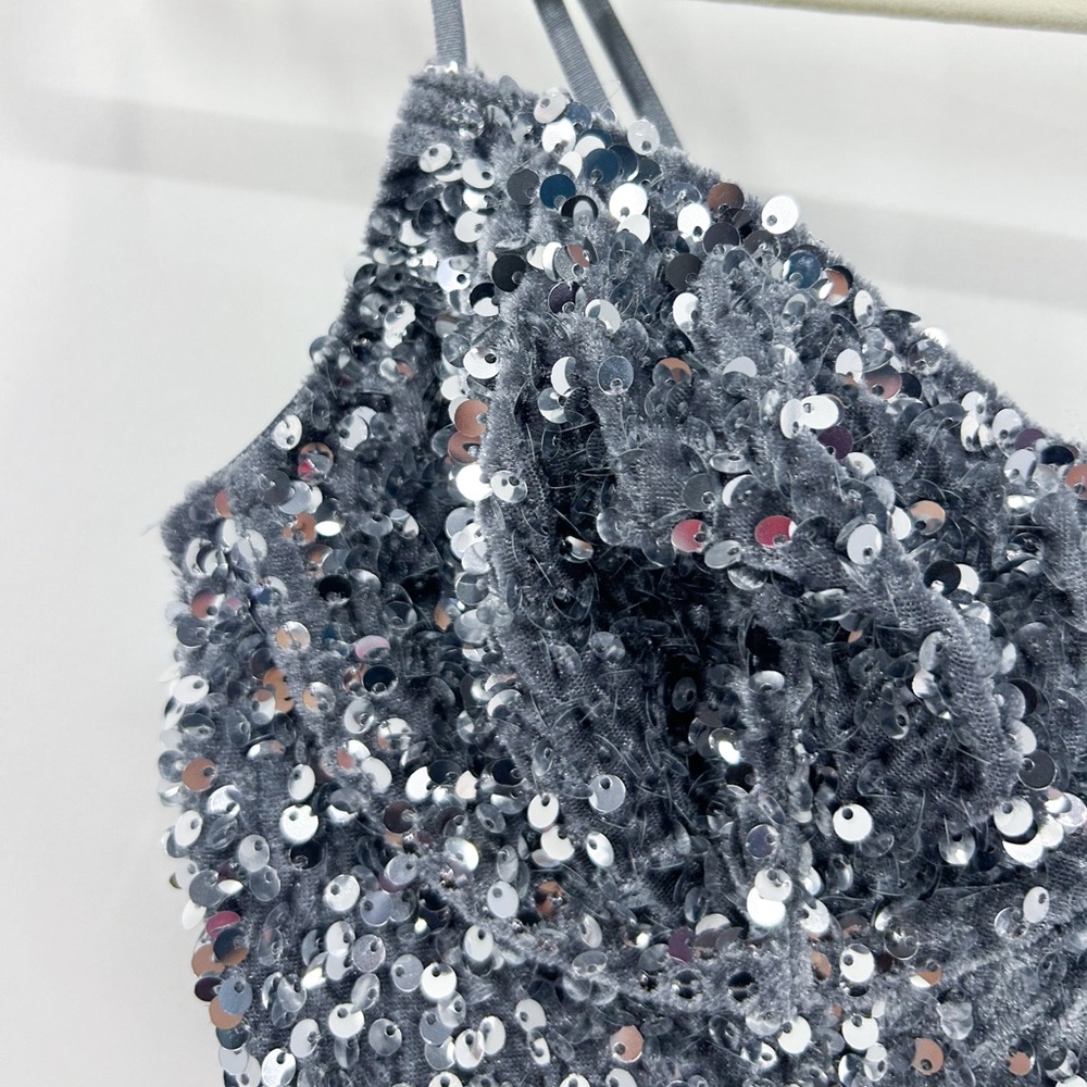 Anthropologie Eve Sequin Velvet Silver Bralette Crop Top Small - Picture 4 of 5